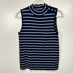 Talbots Mock‎ Neck Sleeveless Top Ribbed Knit Blue White Stripes Womens M